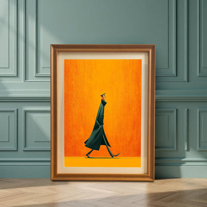 Framed artwork with an Orange Wood Frame displayed on a light wood floor leaning against a teal wainscoting wall, showing the art in a home setting.