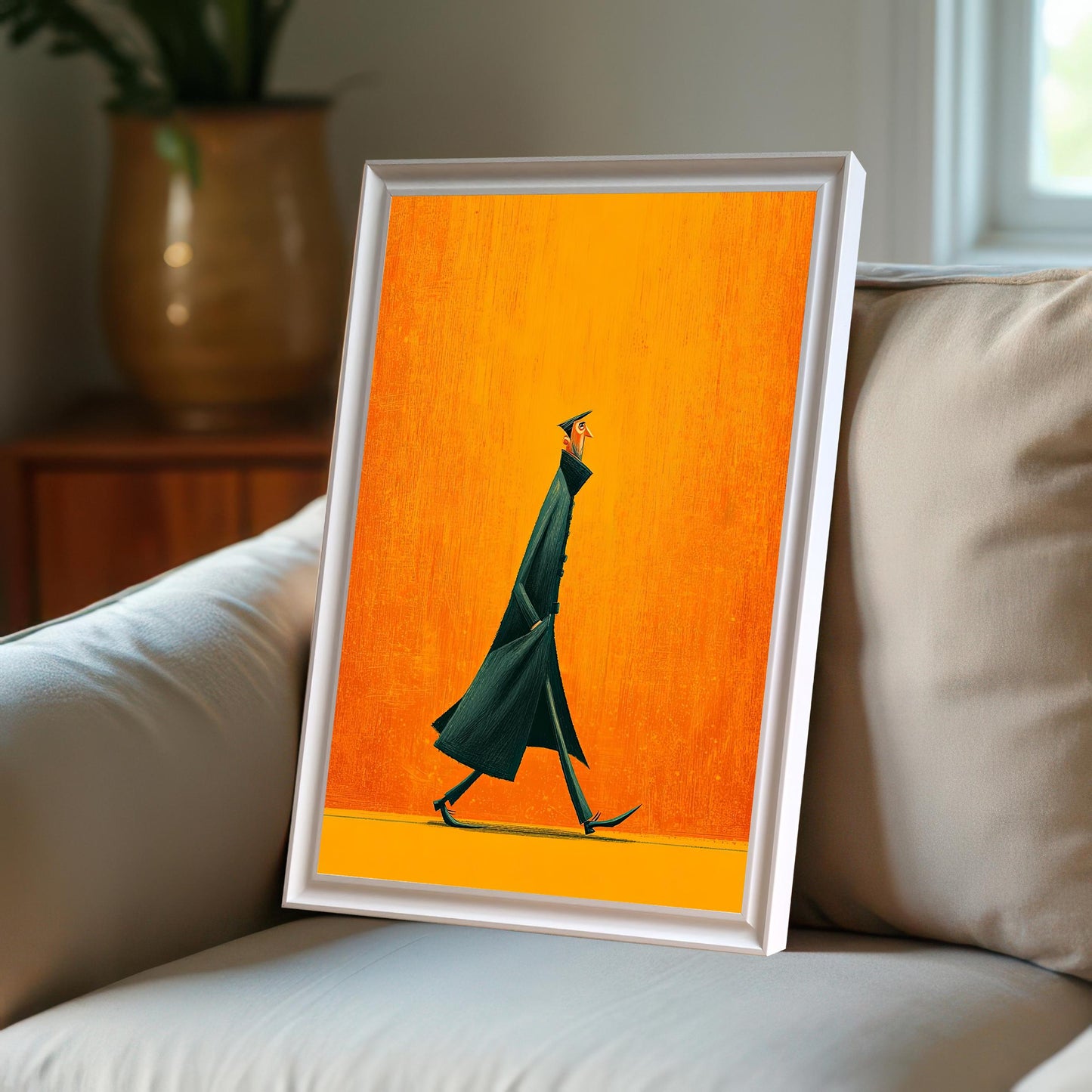 White framed art print displayed at an angle on a light-colored couch in a bright room, showcasing the white frame option in a lifestyle setting.