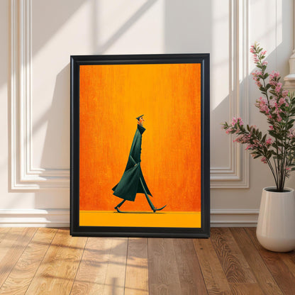 Large abstract art print of a figure in a dark coat against an orange background, framed in Black, leaning on a wood floor against a white wainscoting wall, with a pink floral plant beside it.