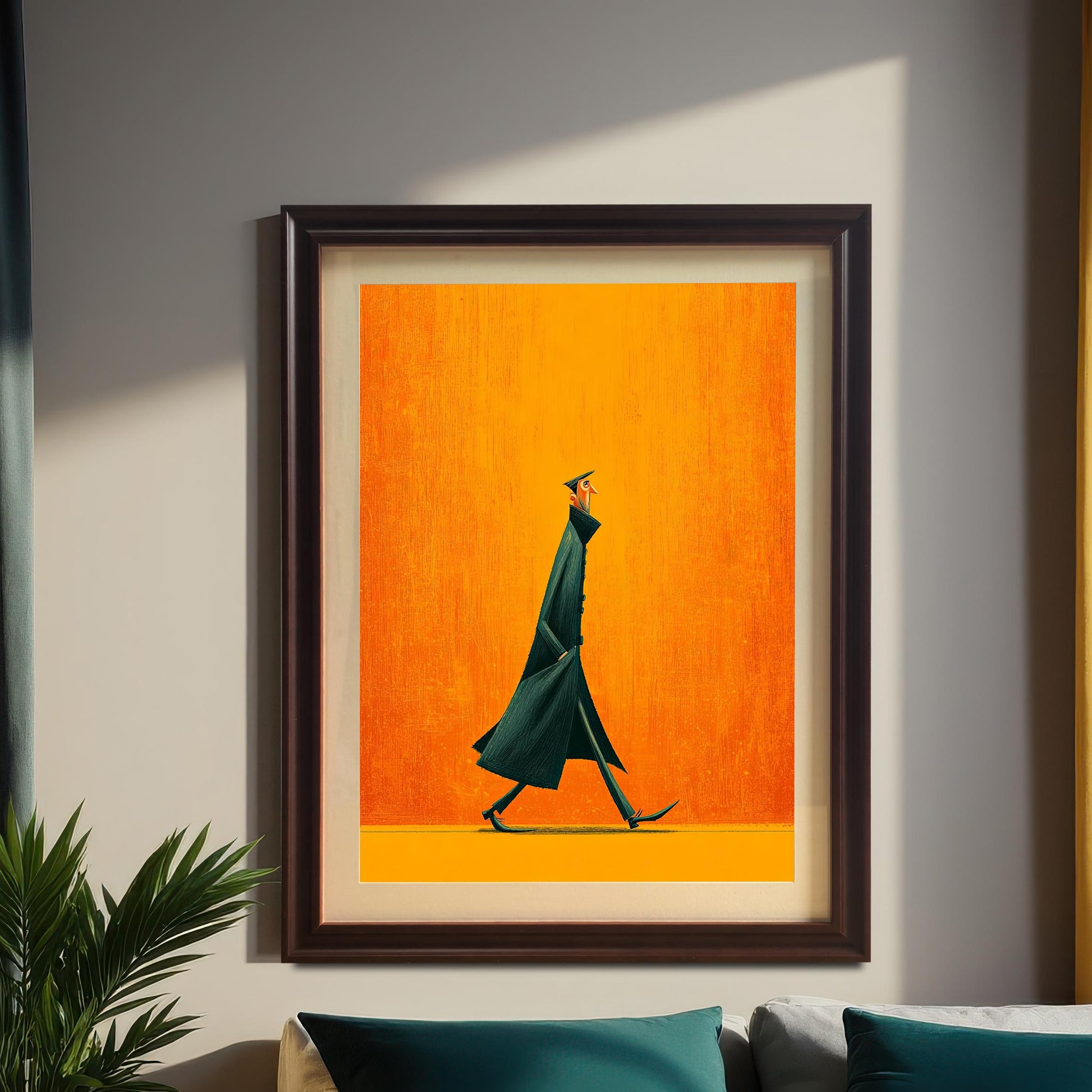 Large abstract art print of a figure in a dark coat against an orange background, framed in Coffee/Dark Wood, hanging above a bed with teal pillows in a cozy bedroom setting.