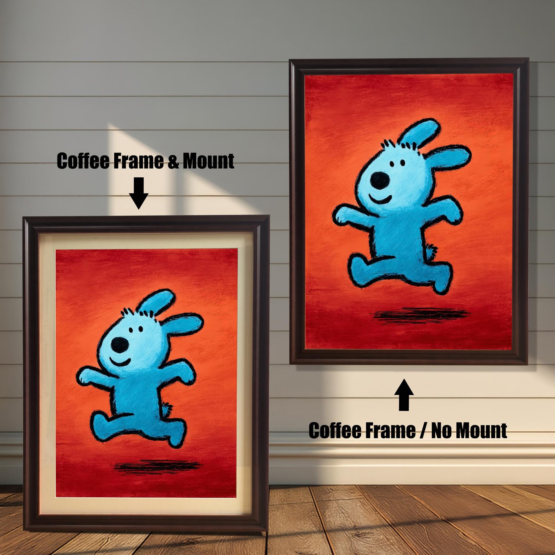 Bright pop art painting of a blue running animal on a red-orange background, shown in two versions with a Coffee Frame: a framed print with a Mount (matting) on the left, and a framed print with No Mount on the right. Both hang on a wood-paneled wall.
