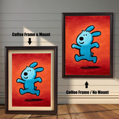Bright pop art painting of a blue running animal on a red-orange background, shown in two versions with a Coffee Frame: a framed print with a Mount (matting) on the left, and a framed print with No Mount on the right. Both hang on a wood-paneled wall.
