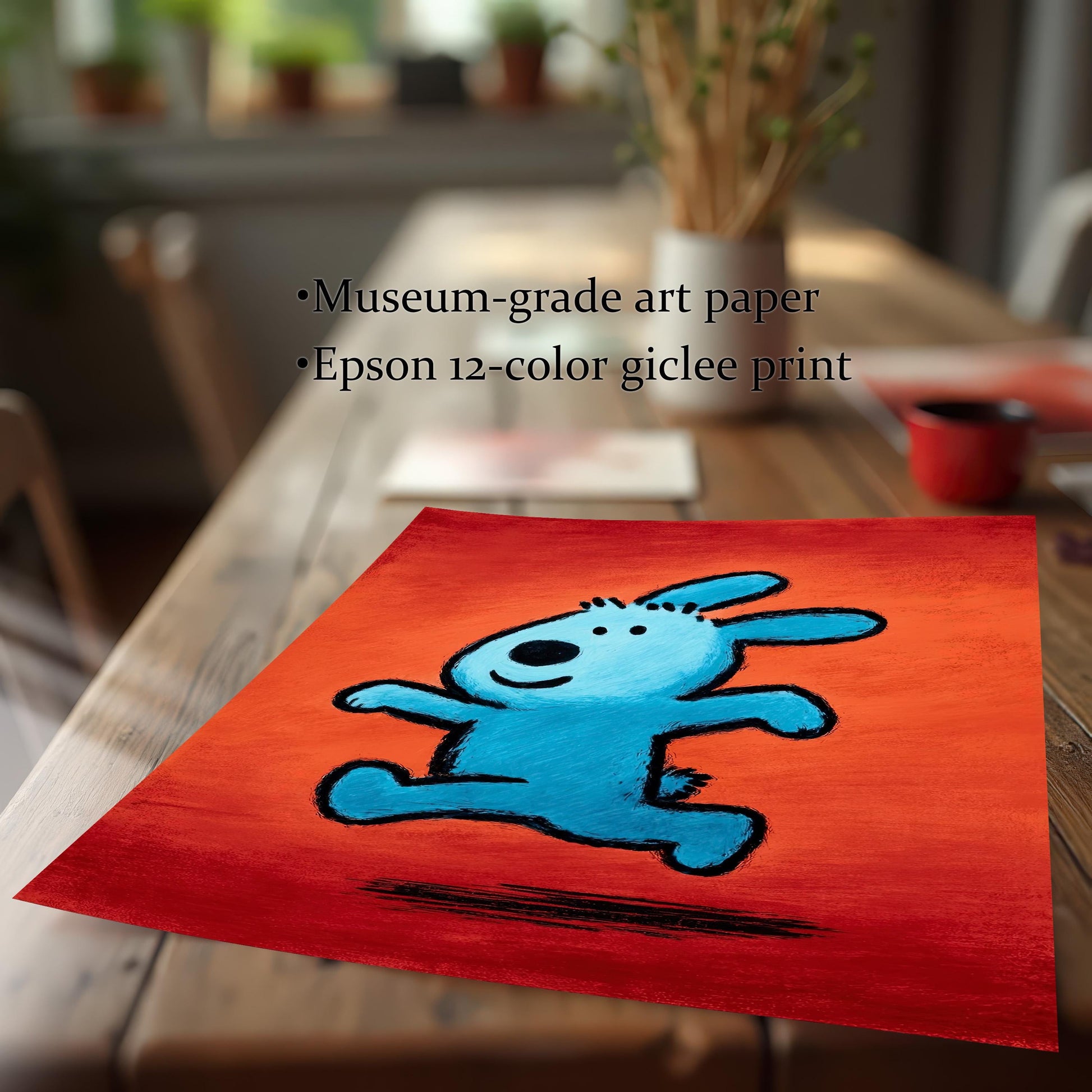 A loose, unframed print of the blue running animal art on a wooden table, showcasing the quality. Text highlights: Museum-grade art paper and Epson 12-color giclee print.