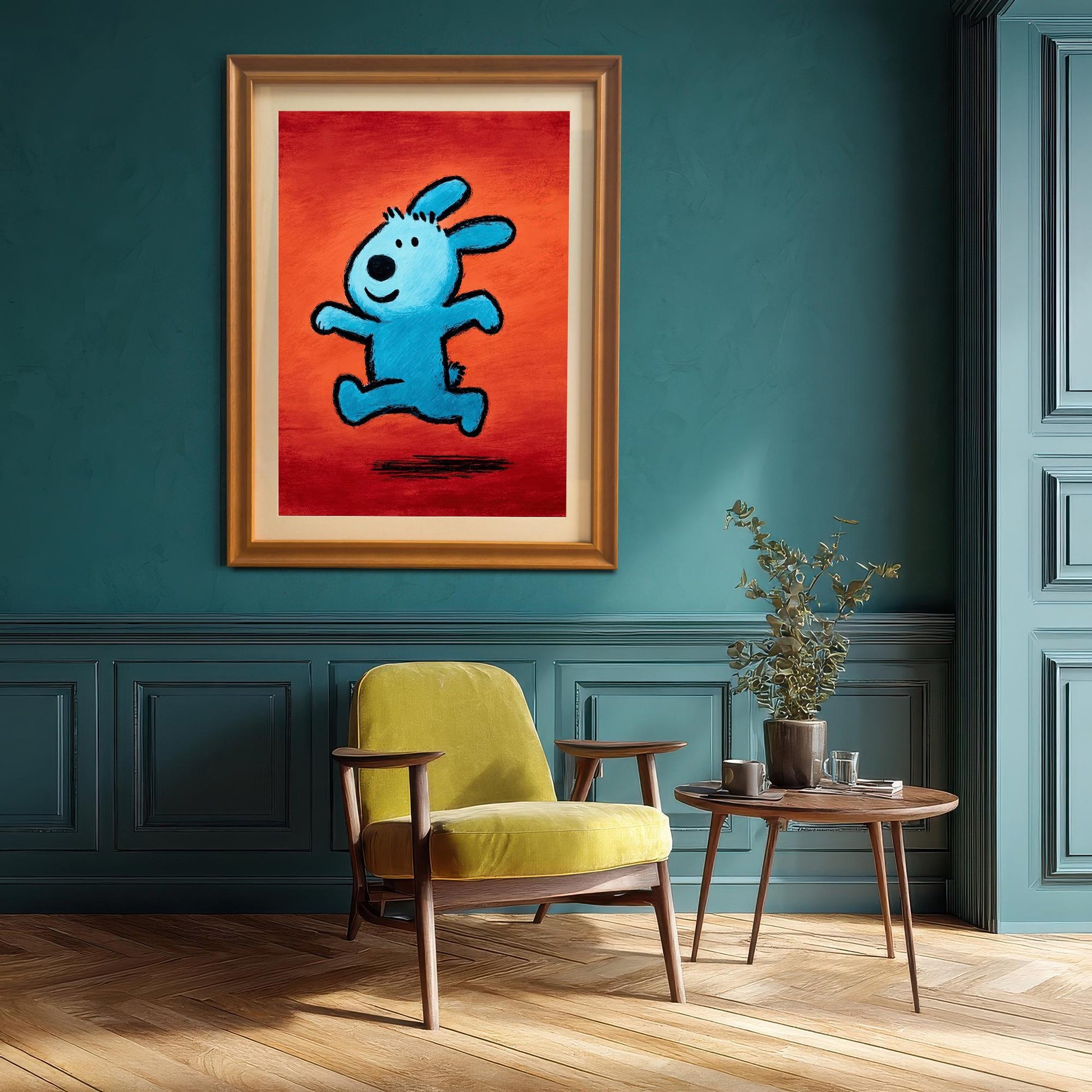 Large framed pop art print of the blue running animal with an Orange Frame hanging on a teal/green wall above a yellow velvet chair and a small side table.