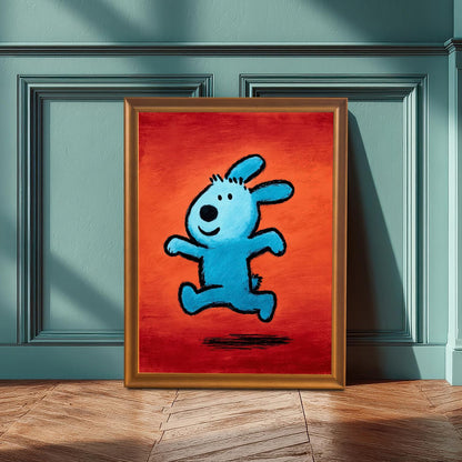 The framed pop art print of the blue running animal in an Orange Frame (or Gold Tone Frame) leaning against a teal wainscoting wall on a wood floor, with strong sunlight casting shadows.