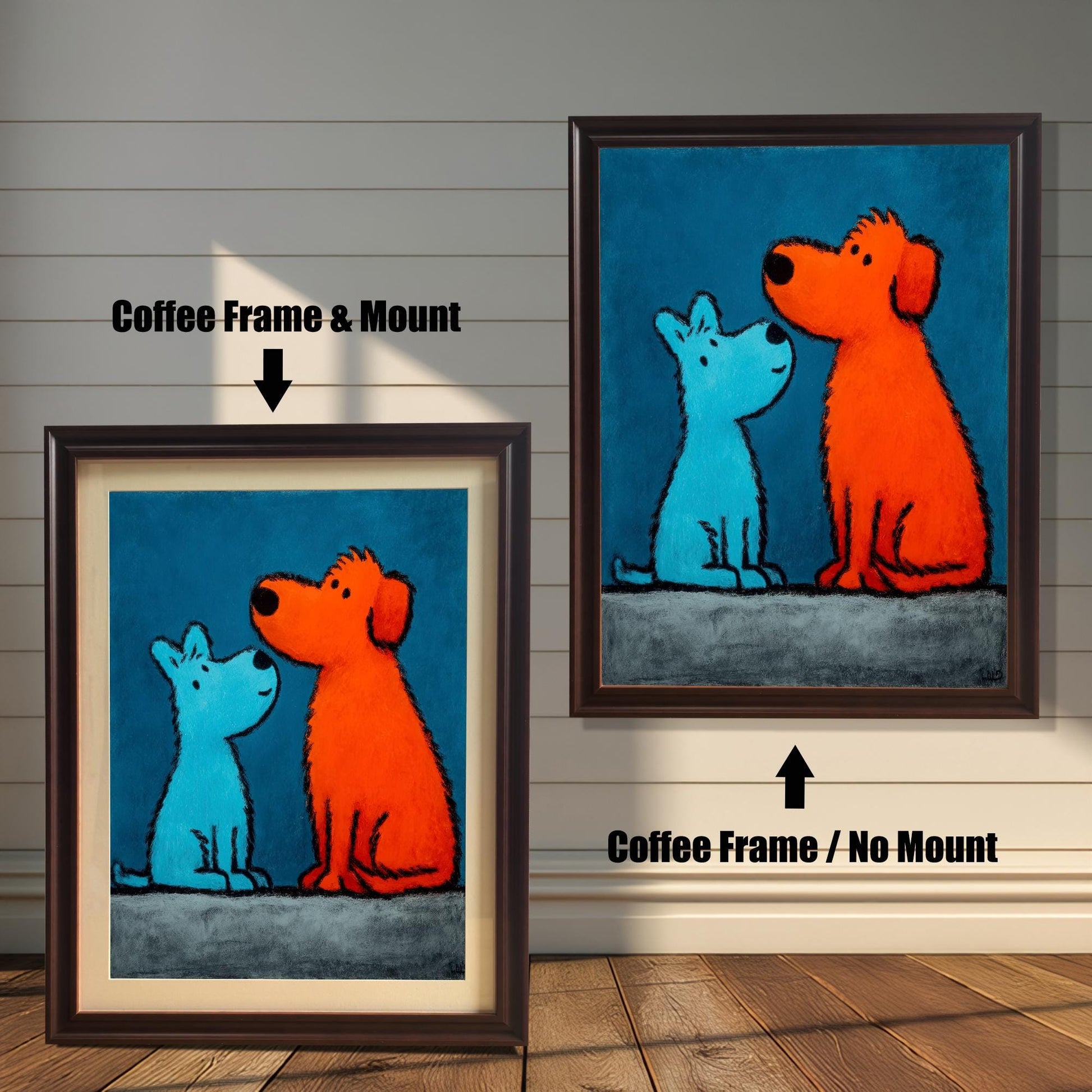 Pop art style painting of a small blue dog and a large orange dog on a blue background, shown in two versions with a Coffee Frame: a framed print with a Mount (matting) on the left, and a framed print with No Mount on the right. Both hang on a wood-paneled wall.