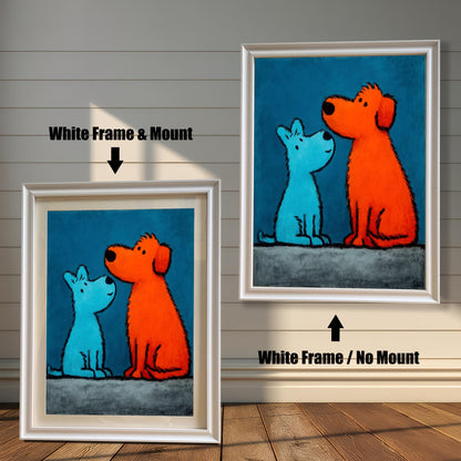 Pop art style painting of a small blue dog and a large orange dog on a blue background, shown in two versions with a White Frame: a framed print with a Mount (matting) on the left, and a framed print with No Mount on the right. Both hang on a wood-paneled wall.
