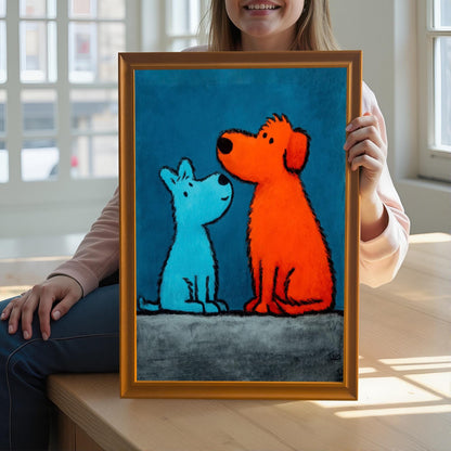 A smiling person holding the framed pop art print of the blue and orange dogs in an Orange Frame (or Gold Tone Frame) up close, sitting in front of a window.