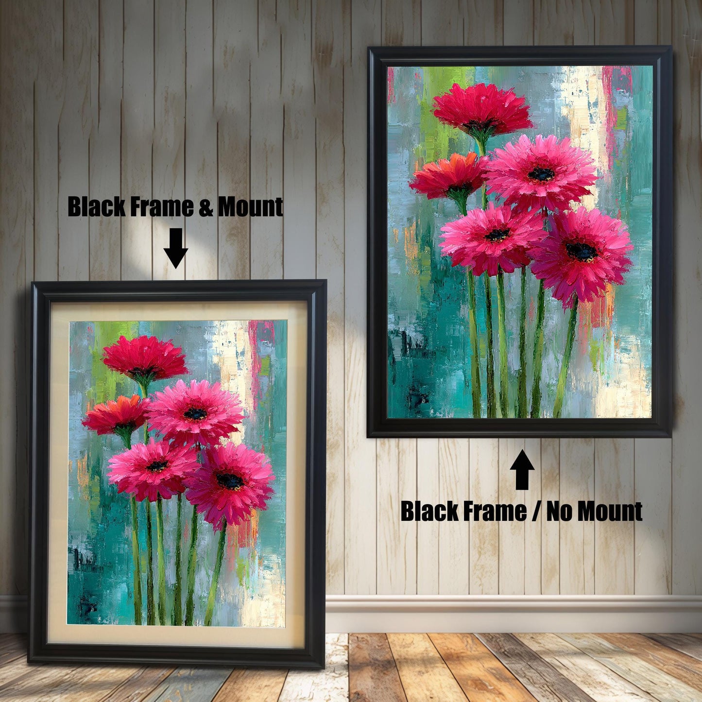 Abstract floral painting of bright pink flowers in two options: a Black Frame & Mount (with a light border/mat) on the left, and a Black Frame / No Mount (full print to the frame edge) on the right. Both hang on a wood-paneled wall.