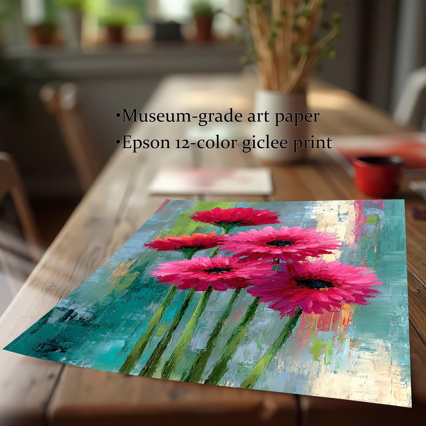 A loose, unframed print of the floral art on a wooden table, showcasing the quality. Text highlights: Museum-grade art paper and Epson 12-color giclee print.