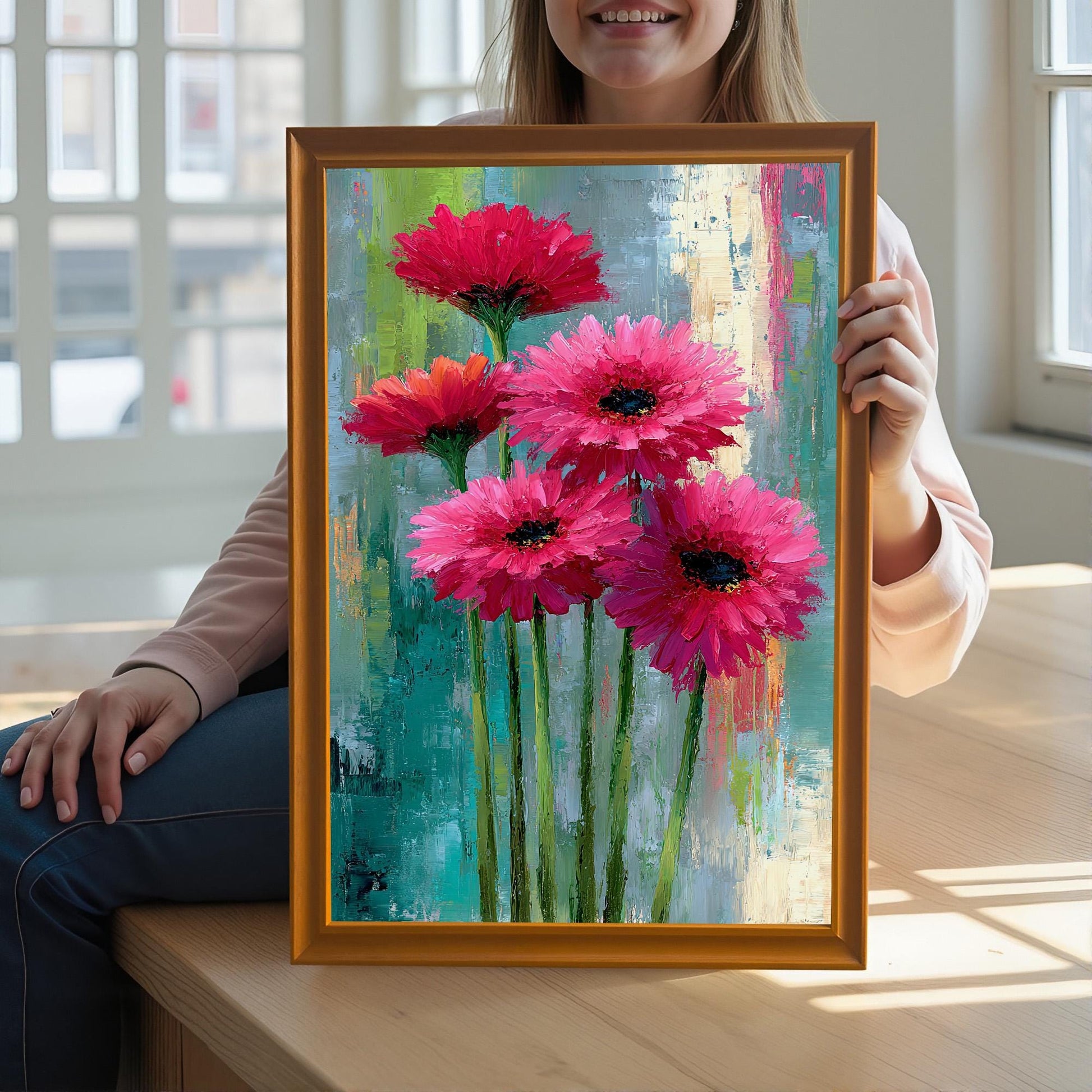 A smiling person holding the bright floral art print in an Orange Frame (or Gold/Wood Tone Frame) up close, sitting on a wooden surface in front of a window.