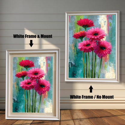 Abstract floral painting of bright pink flowers in two options: a White Frame & Mount (with a light border/mat) on the left, and a White Frame / No Mount (full print to the frame edge) on the right. Both hang on a wood-paneled wall.