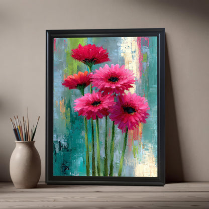 Close-up view of the vibrant, textured abstract floral art print featuring bright pink and red flowers with a Black Frame. The frame is displayed on a wooden surface next to a ceramic vase holding artist paintbrushes