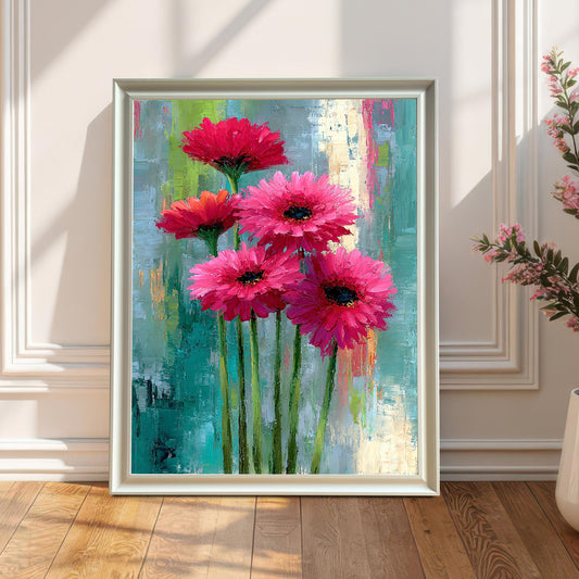 Full view of the vibrant, textured abstract floral art print featuring bright pink and red flowers in a White Frame. The framed print is leaning on a wooden floor against a white paneled wall with strong natural sunlight casting shadows. A vase with a pink floral arrangement is to the right.
