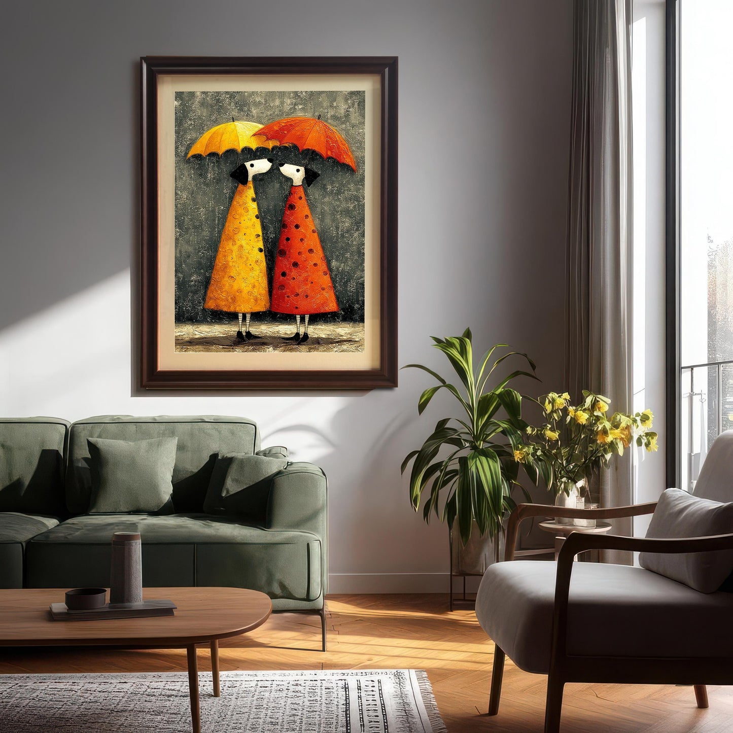 A large umbrella couple art print framed in Coffee (Dark Brown), hanging above a green sofa in a modern living room.