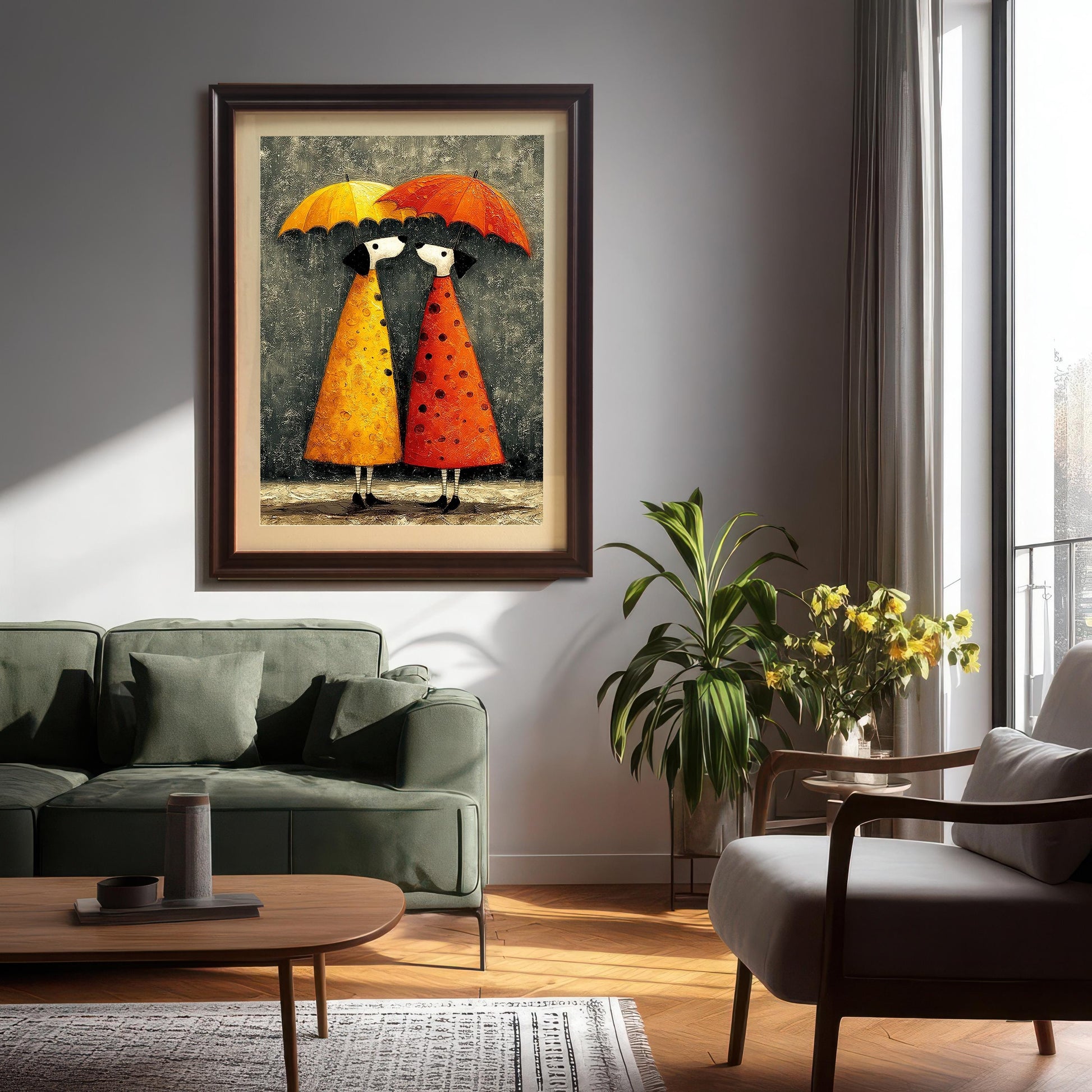 A large umbrella couple art print framed in Coffee (Dark Brown), hanging above a green sofa in a modern living room.