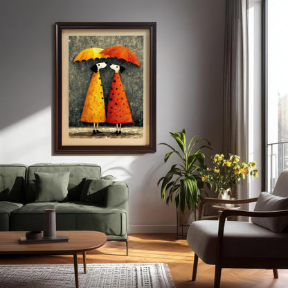 A large umbrella couple art print framed in Coffee (Dark Brown), hanging above a green sofa in a modern living room.