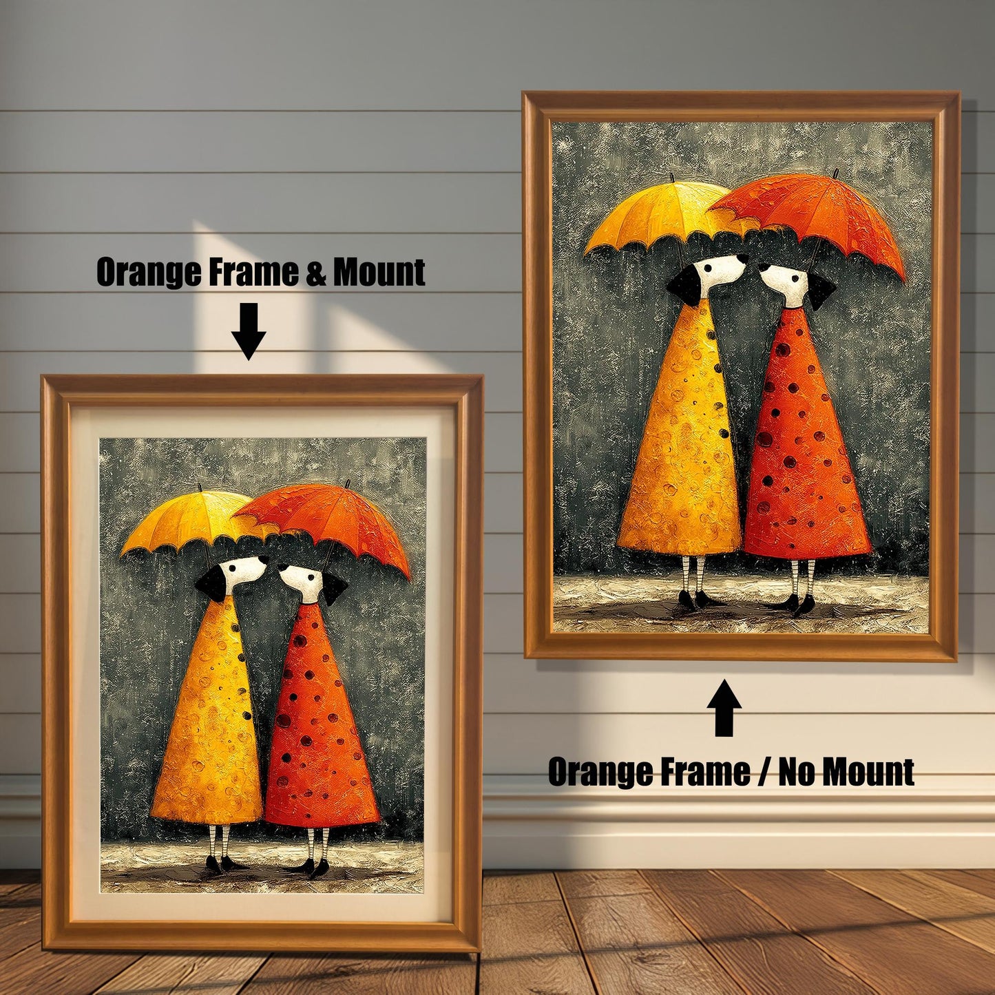 Whimsical umbrella couple art print shown in two variations with an Orange Frame: on the left, with a Mount/Mat; on the right, with No Mount (full image). Both are against a light wood-paneled wall.