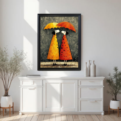 A large umbrella couple art print framed in black (or very dark brown), hanging above a white console table. The scene includes bright natural light and is decorated with white vases and potted plants.