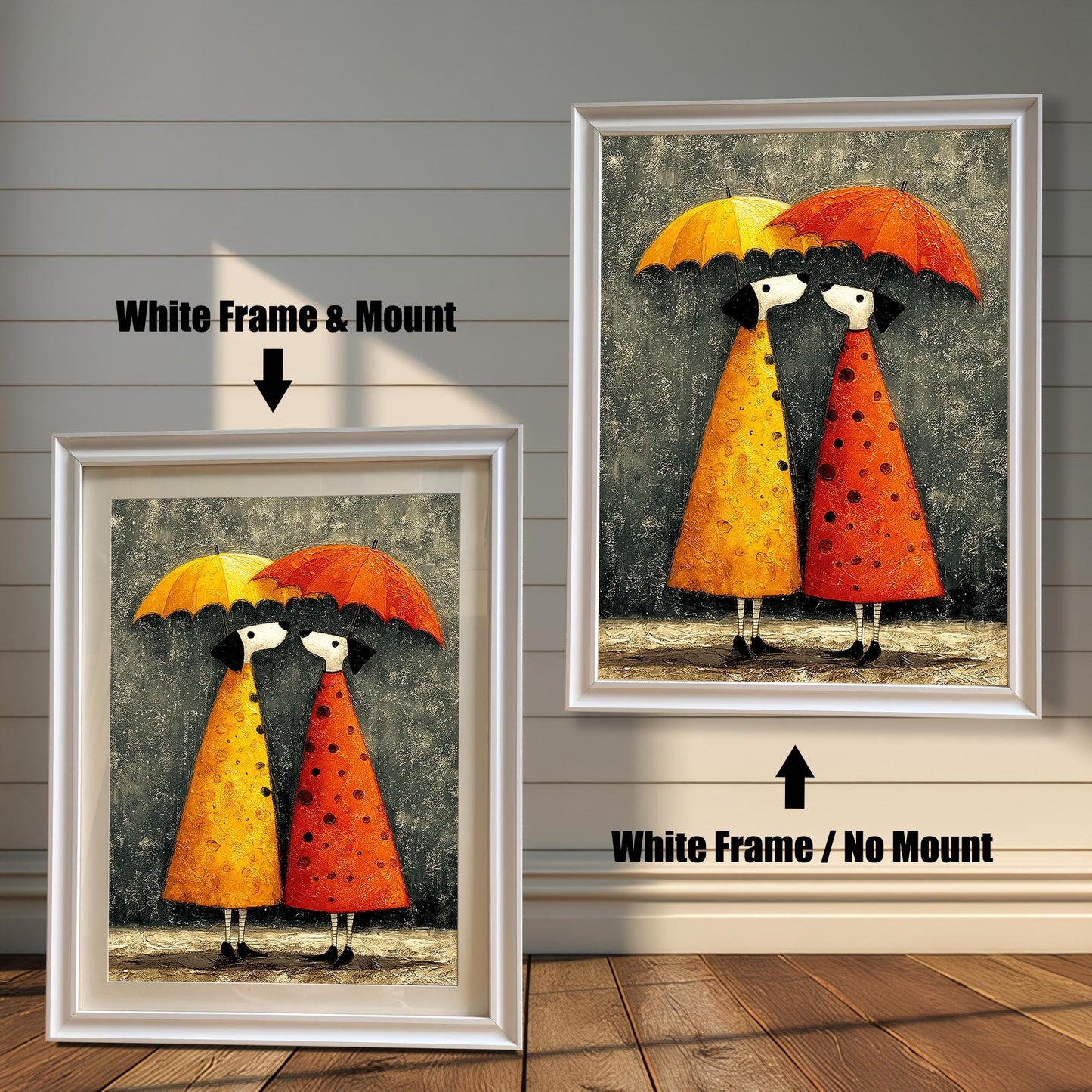 Whimsical umbrella couple art print shown in two variations with a White Frame: on the left, with a Mount/Mat; on the right, with No Mount (full image). Both are against a light wood-paneled wall.