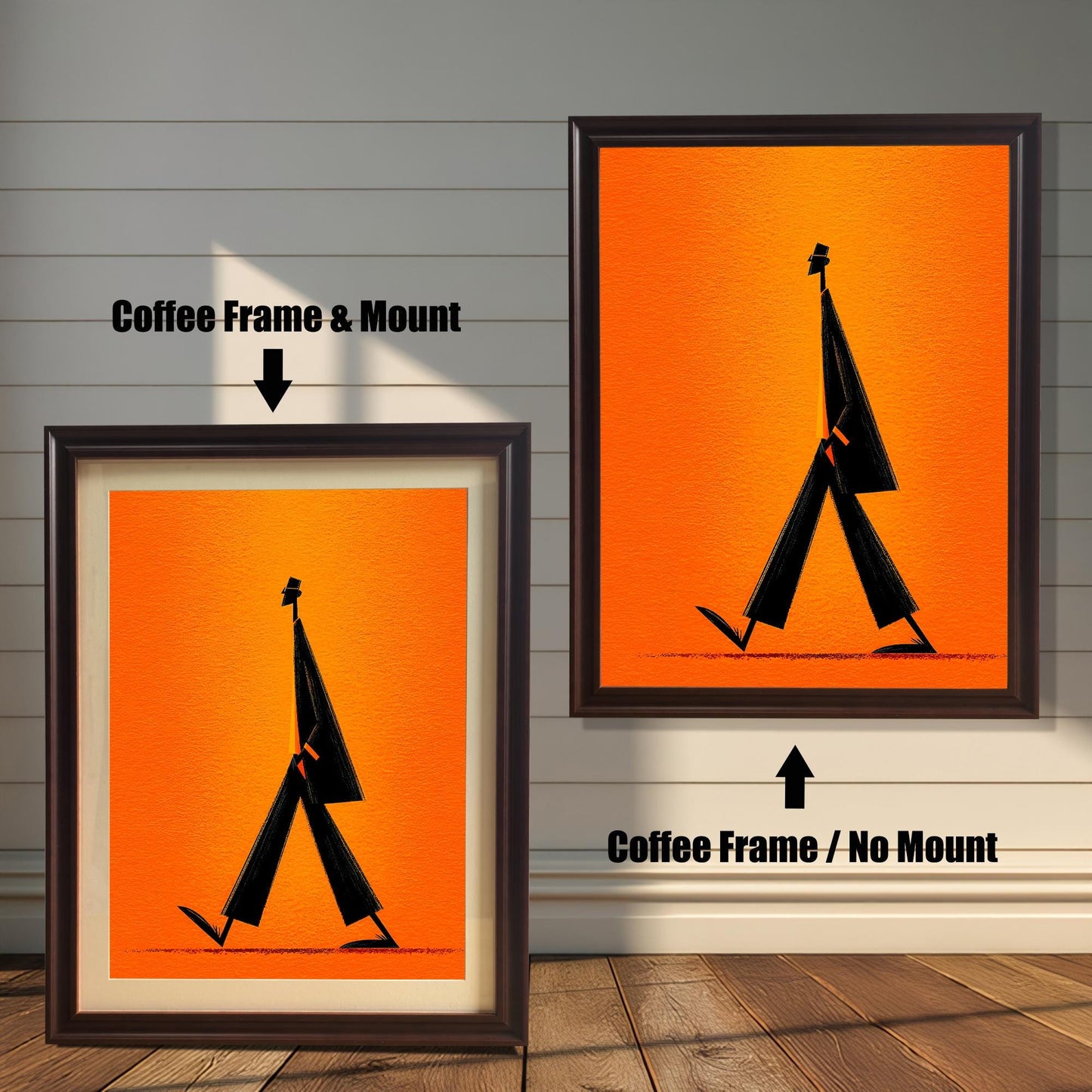 Minimalist walking figure art print shown in two variations with a Coffee (Dark Brown) Frame: on the left, with a Mount/Mat; on the right, with No Mount (full image). Both are against a light wood-paneled wall.