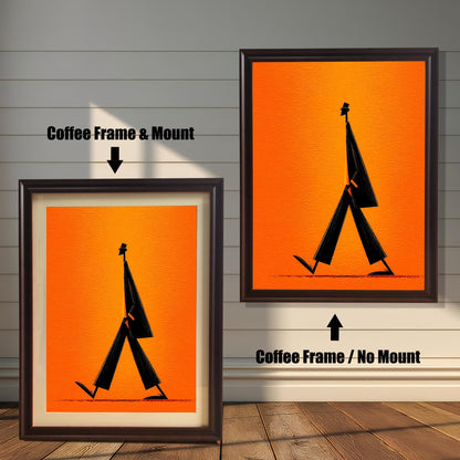 Minimalist walking figure art print shown in two variations with a Coffee (Dark Brown) Frame: on the left, with a Mount/Mat; on the right, with No Mount (full image). Both are against a light wood-paneled wall.