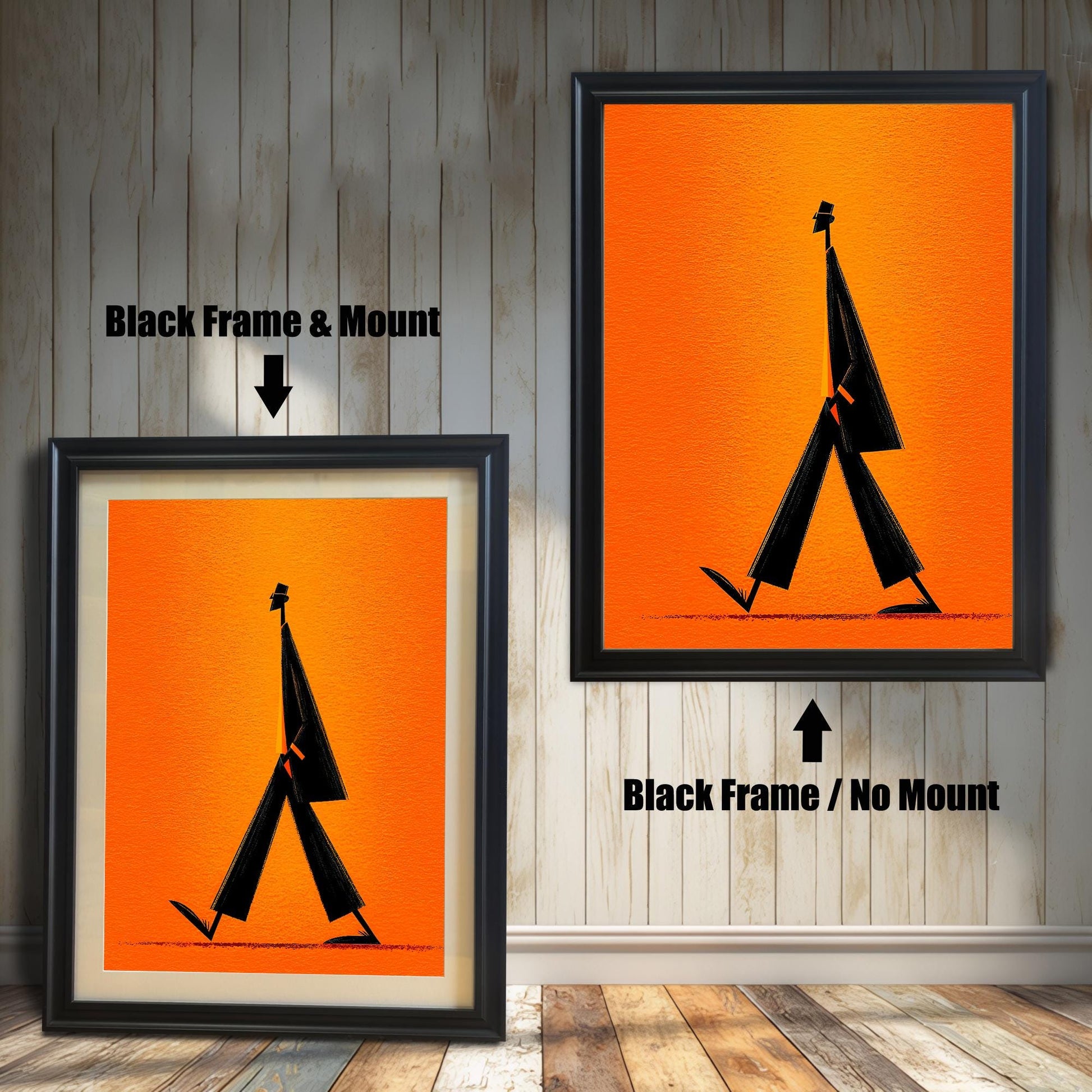Minimalist art print of a tall, black, stylized walking figure against a vibrant orange background. It is shown in two options with a Black Frame: on the left, with a Mount/Mat; on the right, with No Mount