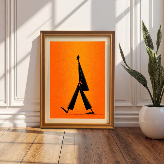 Minimalist walking figure art print in an Orange/Gold/Wood Tone frame with a mat/mount, resting on a wooden floor against a white wainscoting wall next to a potted snake plant.