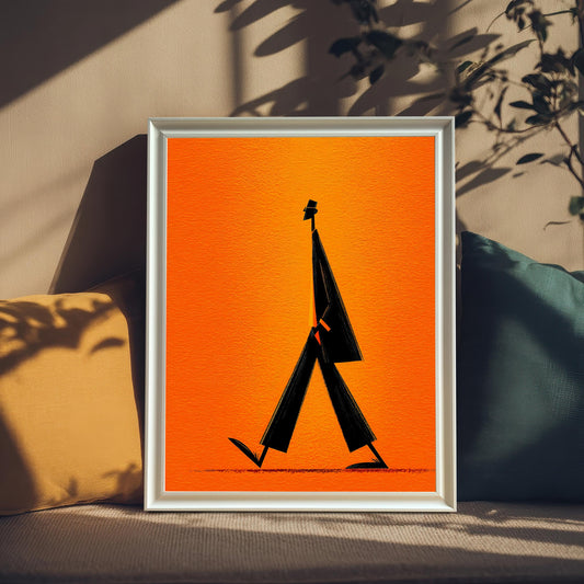 Minimalist art print of a black walking figure on a bright orange background, framed in white, leaning on a sofa between a mustard yellow pillow and a dark teal pillow. Sunlight casts plant shadows on the background.