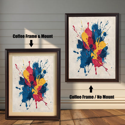 Abstract paint splatter art print shown in two variations with a Coffee (Dark Brown) Frame: on the left, with a Mount/Mat; on the right, with No Mount (full image). Both are against a light wood-paneled wall.
