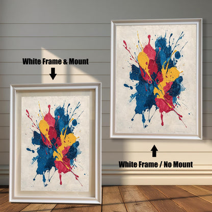 Abstract paint splatter art print shown in two variations with a White Frame: on the left, with a Mount/Mat; on the right, with No Mount (full image). Both are against a light wood-paneled wall.