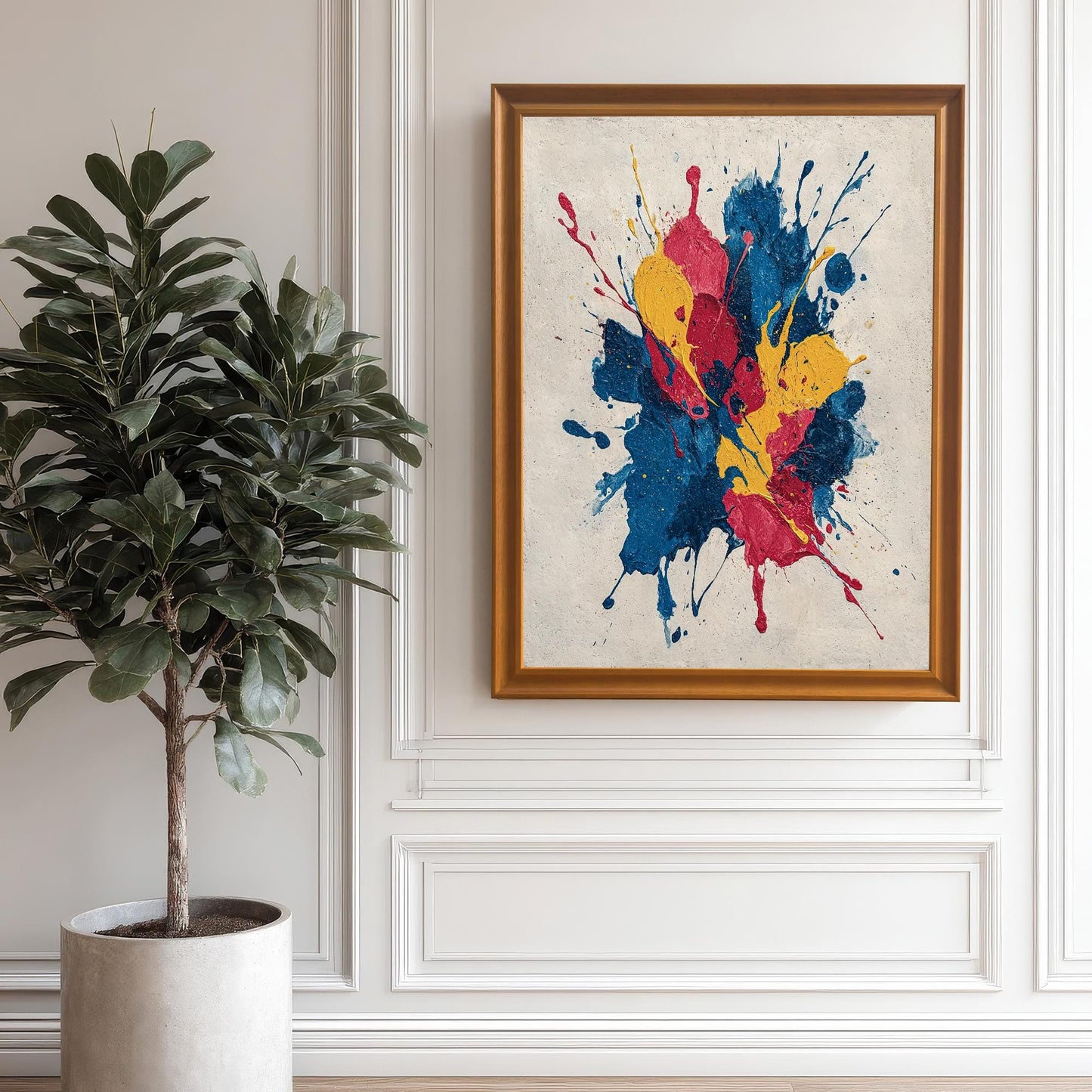 Abstract paint splatter art print (blue, red, yellow) framed in Orange/Gold/Wood Tone and hanging on a white wall with classic wainscoting paneling. A large indoor plant is positioned to the left.