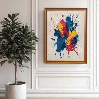 Abstract paint splatter art print (blue, red, yellow) framed in Orange/Gold/Wood Tone and hanging on a white wall with classic wainscoting paneling. A large indoor plant is positioned to the left.