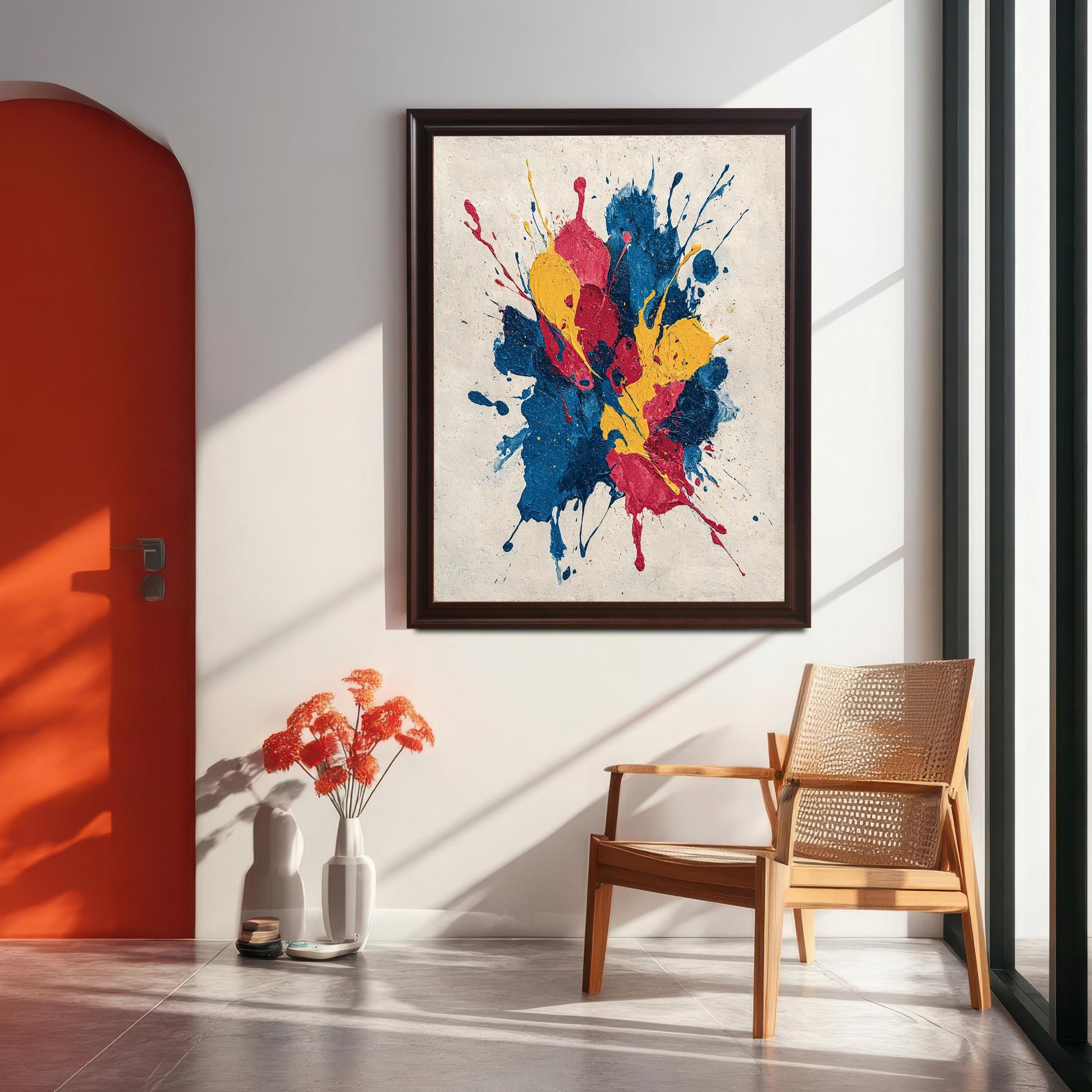 A large, dark-framed (Coffee/Dark Brown) abstract print of blue, red, and yellow paint splatters hanging on a white wall in a modern room. The setting includes a bright orange arched doorway, a light wood woven chair, and a vase with orange flowers.