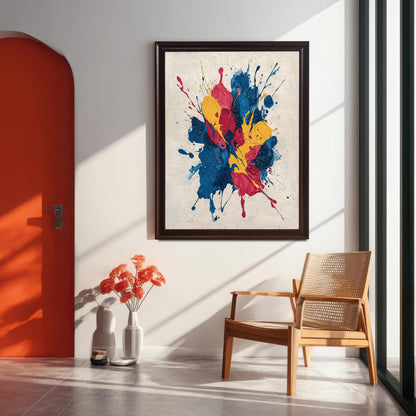A large, dark-framed (Coffee/Dark Brown) abstract print of blue, red, and yellow paint splatters hanging on a white wall in a modern room. The setting includes a bright orange arched doorway, a light wood woven chair, and a vase with orange flowers.