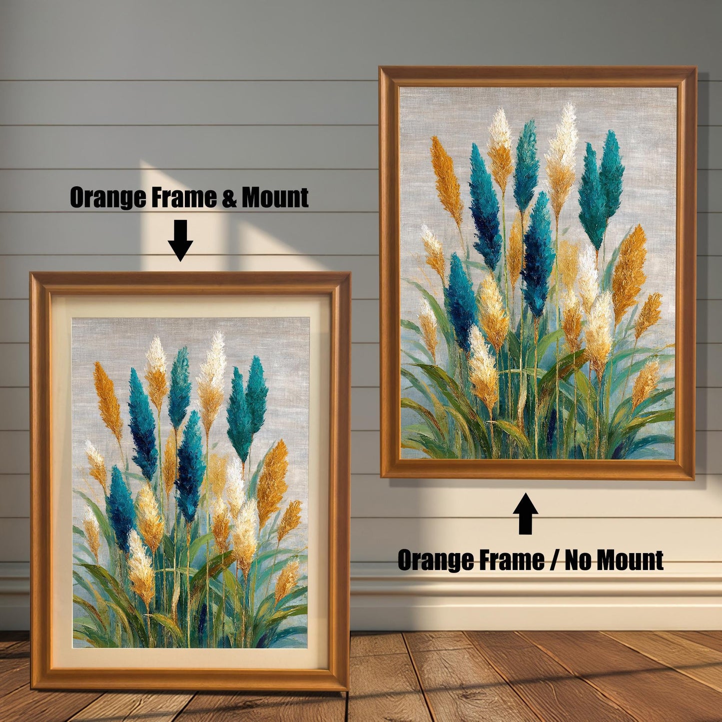 Comparison image showing the coastal grass art print framed in Orange (light brown/gold) wood. The left image shows the art with an Orange Frame & Mount (matting); the right image shows the art with an Orange Frame / No Mount.