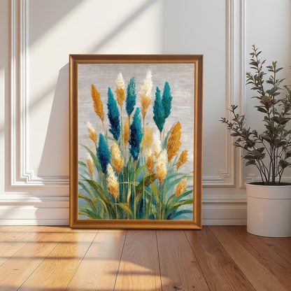 Teal and gold coastal grass abstract art print in an Orange wood frame, leaning on the floor against a classic white wainscot wall, next to a potted plant.
