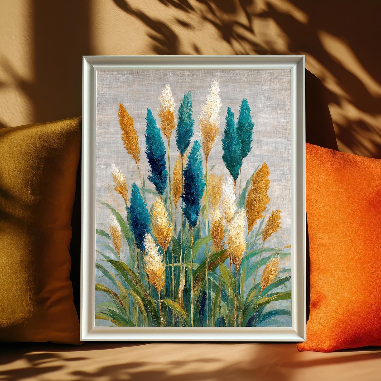 Teal and gold coastal grass abstract art print in a White frame, resting against two yellow and orange throw pillows with dramatic shadows.