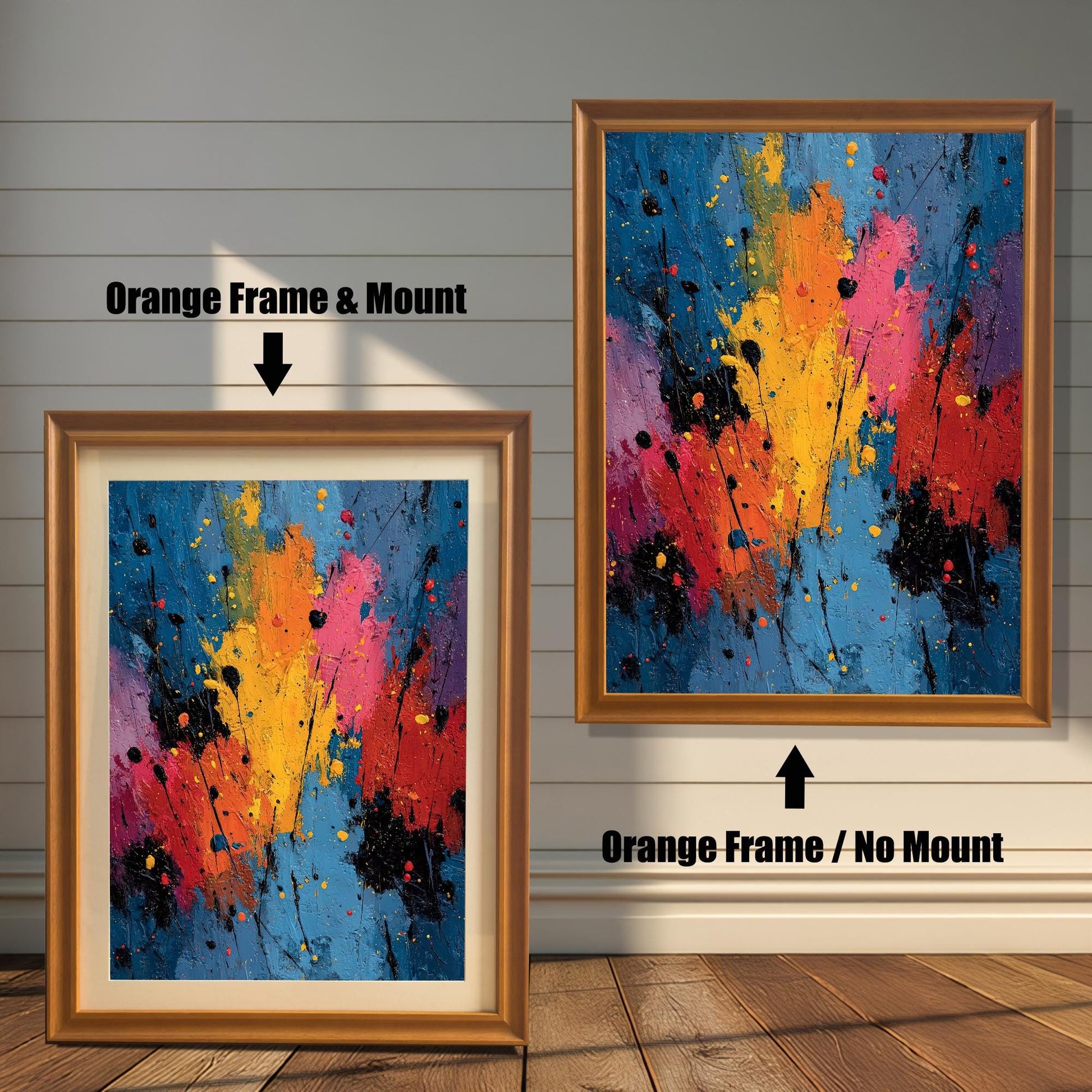 Comparison image showing the abstract splatter art print framed in Orange (light brown/gold) wood. The left image shows the art with an Orange Frame & Mount (matting); the right image shows the art with an Orange Frame / No Mount.