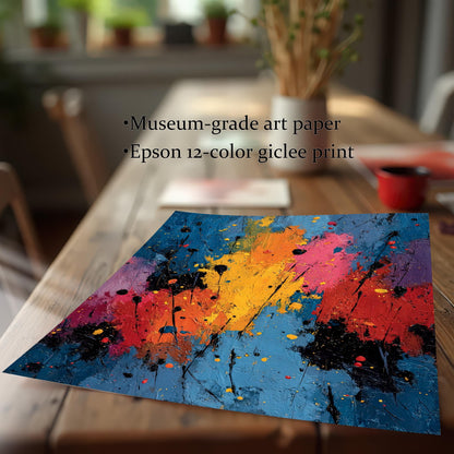 Close-up of the abstract splatter art print being held on a wooden table, showing vibrant yellow, pink, and red paint bursts on a blue background. Text highlights quality: Museum-grade art paper and Epson 12-color giclee print.