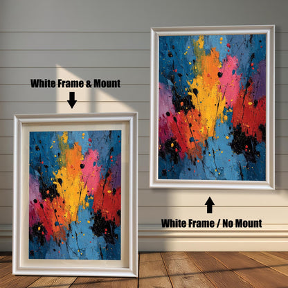 Comparison image showing the abstract splatter art print framed in White wood. The left image shows the art with a White Frame & Mount (matting); the right image shows the art with a White Frame / No Mount