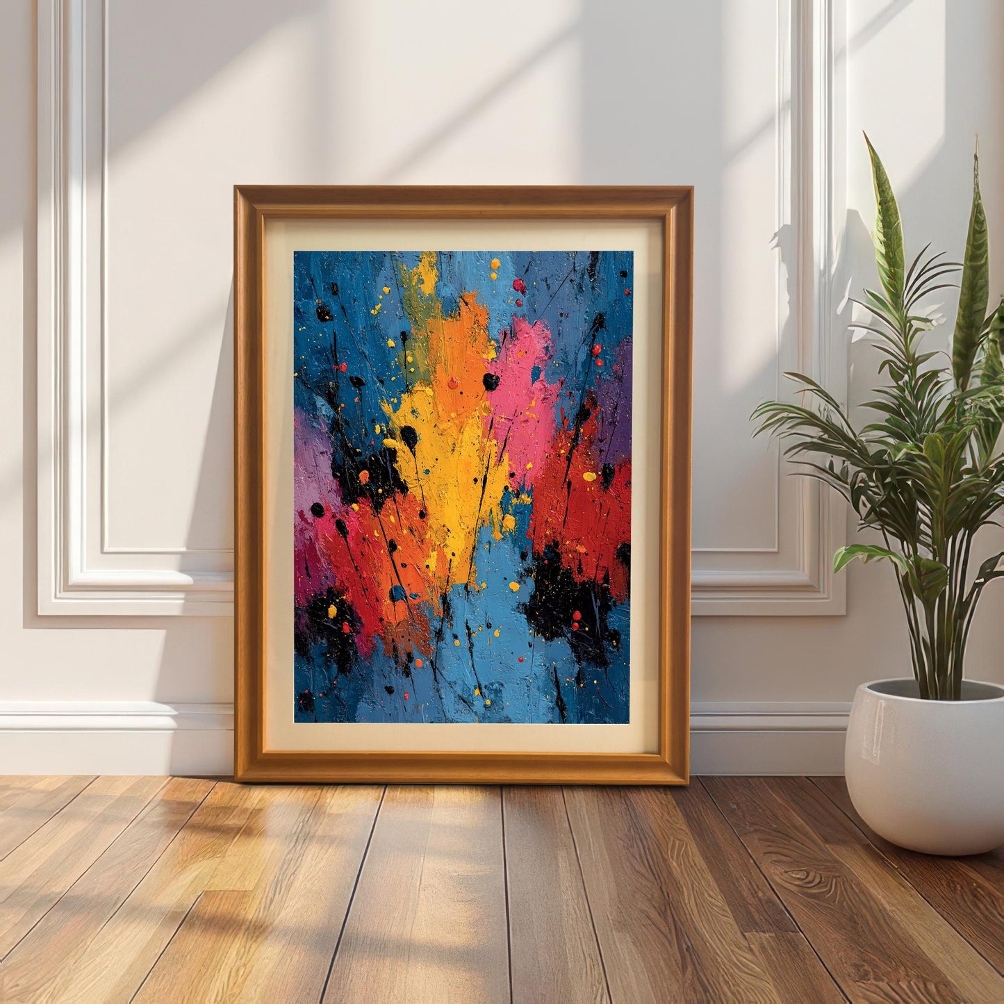 Abstract splatter art print in an Orange (light brown/gold) wood frame, leaning on the floor against a classic white wainscot wall, next to a potted snake plant.
