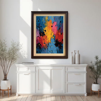 Abstract colorful splatter art print, framed in a Coffee (dark brown) wood frame with a mat/mount, hanging above a white console table in a brightly lit room.