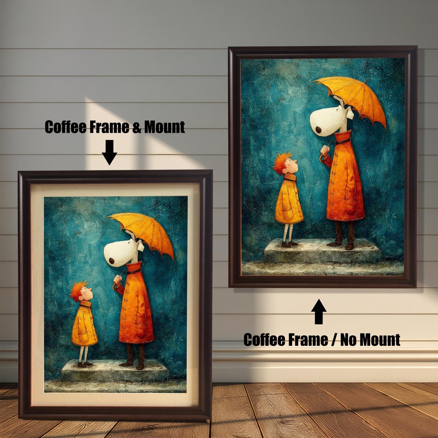 Comparison image showing the art print framed in Coffee (dark brown) wood. The left image shows the art with a Coffee Frame & Mount (matting); the right image shows the art with a Coffee Frame / No Mount.