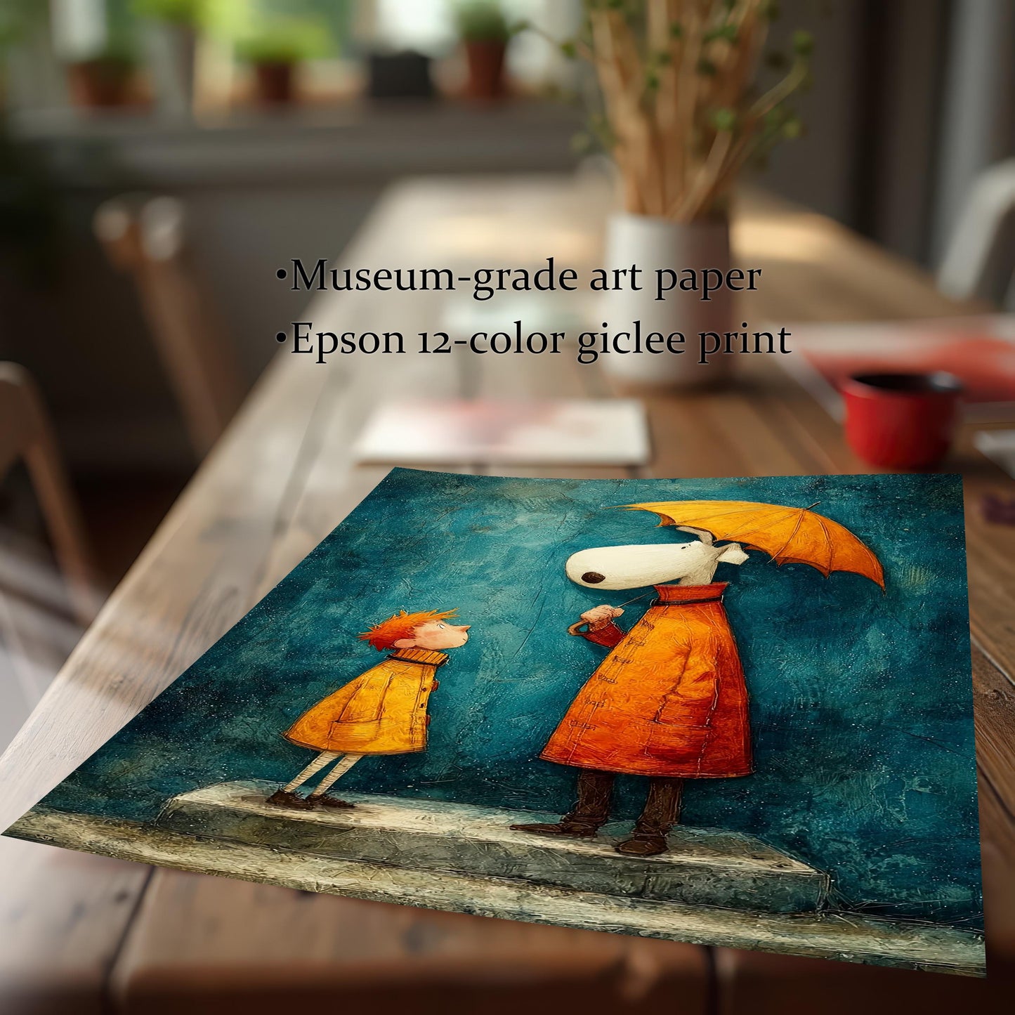 Close-up of the art print being held on a wooden table, with text describing the quality: Museum-grade art paper and Epson 12-color giclee print.