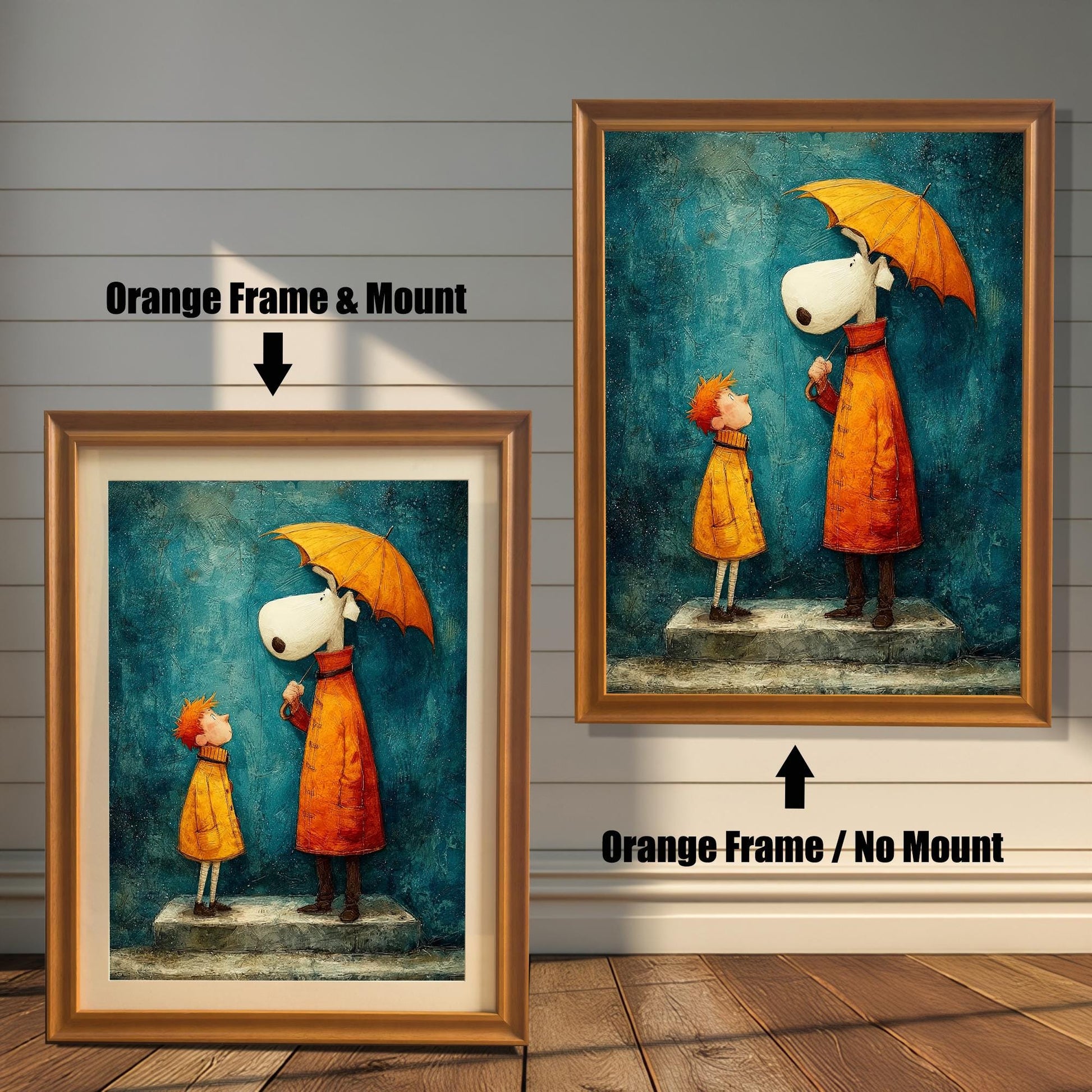Comparison image showing the art print framed in Orange (light brown/gold) wood. The left image shows the art with an Orange Frame & Mount (matting); the right image shows the art with an Orange Frame / No Mount.