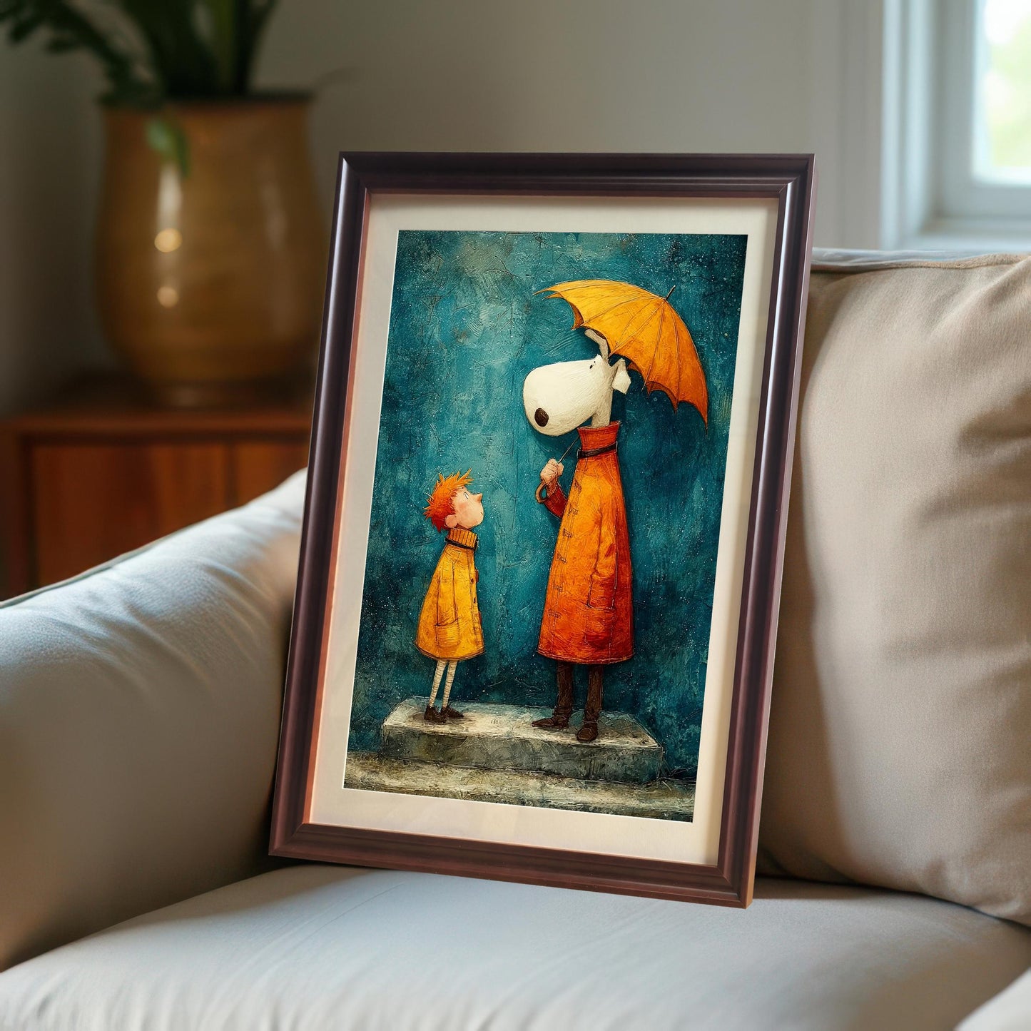 Whimsical framed art print featuring a child and a large white-faced dog in orange raincoats under an umbrella, framed in a Coffee (dark brown) wood frame with a mat/mount, resting on a beige sofa.