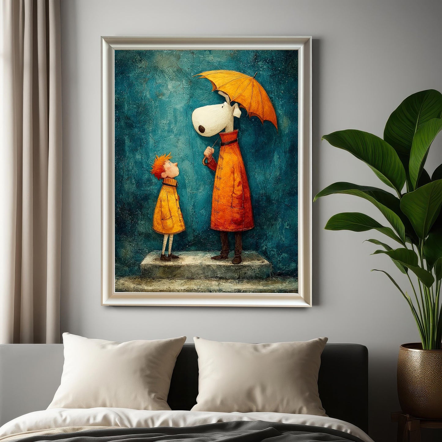 Whimsical framed art print in a White wood frame, hanging above a bed with white pillows and a gray headboard, next to a large potted plant.