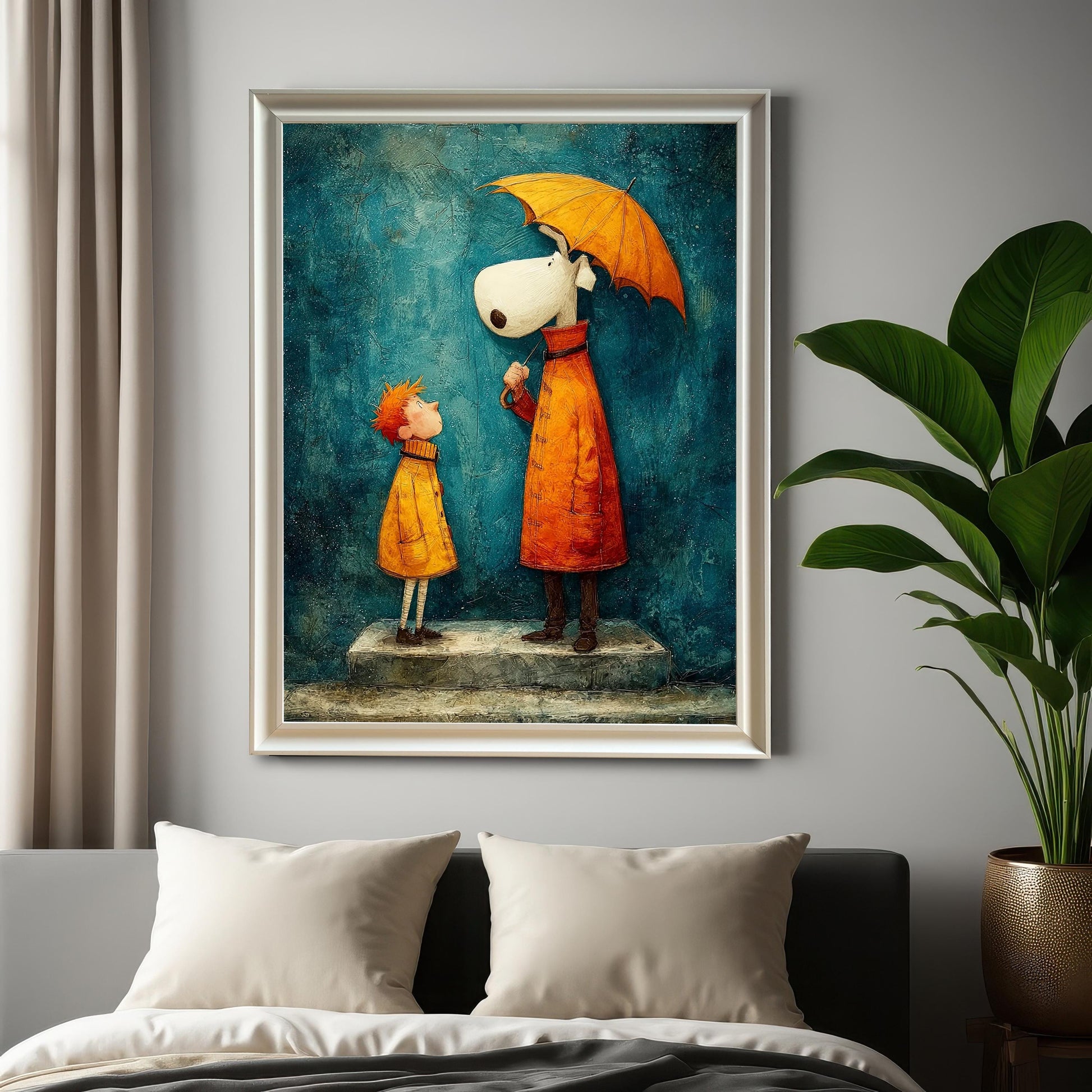 Whimsical framed art print in a White wood frame, hanging above a bed with white pillows and a gray headboard, next to a large potted plant.