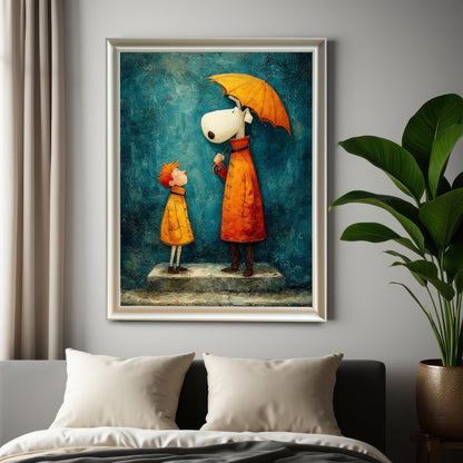 Whimsical framed art print in a White wood frame, hanging above a bed with white pillows and a gray headboard, next to a large potted plant.